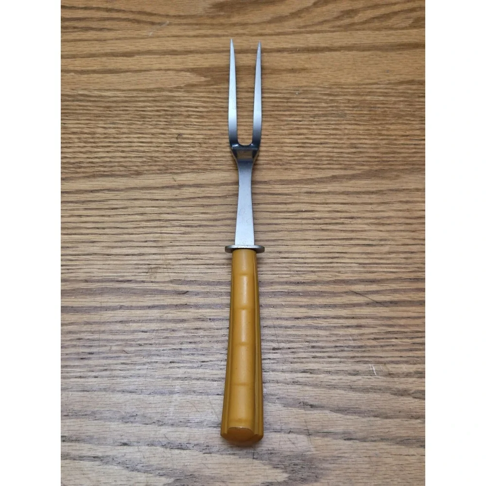Vintage Geneva Stainless Meat Carving Fork Butterscotch Bakelite Curved Handle